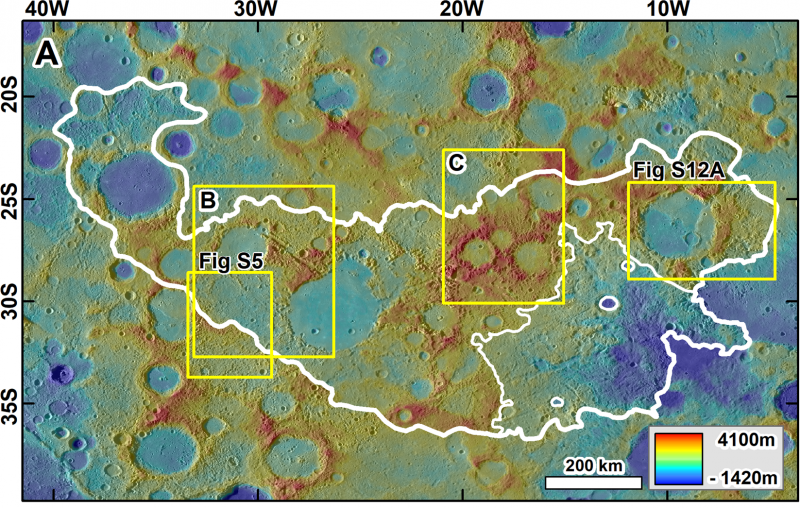 Map of textured false-color terrain with white outline, yellow rectangles and text annotations.
