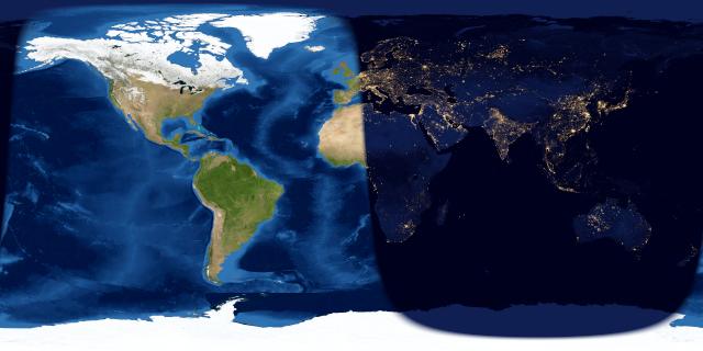 Map of day and night sides of Earth. Western Hemisphere sunlit and most of Eastern Hemisphere in darkness.