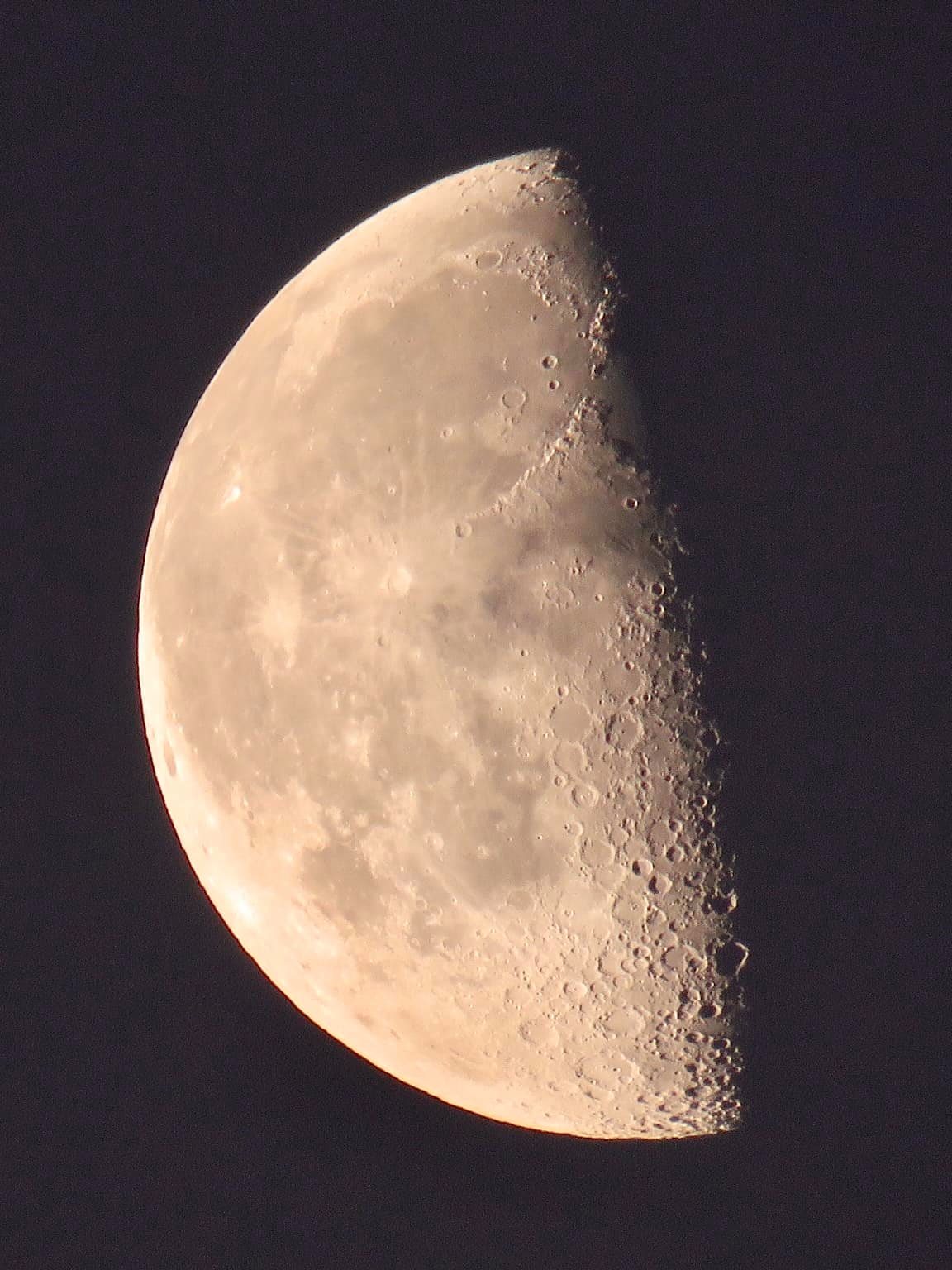 A nearly last quarter moon. The terminator line - or line between light and dark on the moon - is very slightly convex. 