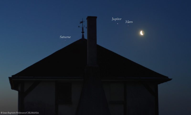 Moon and planets over a house with silhouetted chimney and weathervane.