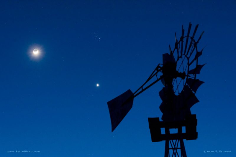 Waxing crescent moon, bright Venus, dipper-shaped Pleiades star cluster with a windmill in the foreground.