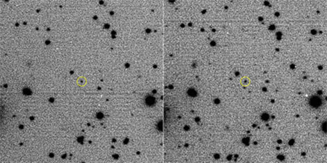 Two pictures: star fields in black on gray, and one black dot on each image circled in yellow.