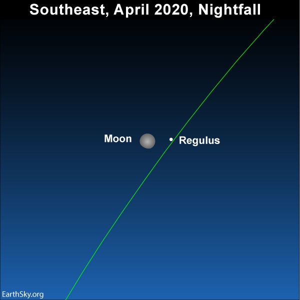 Star chart of nearly full moon next to star Regulus with slanted line of ecliptic.