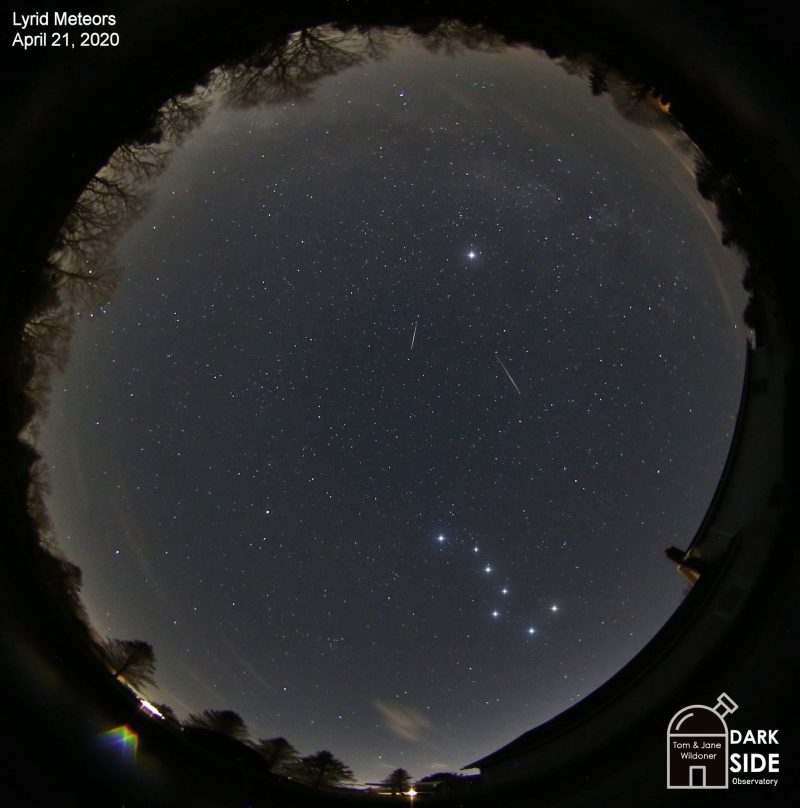 Full circle panorama of sky with stars and two short, thin streaks of light.