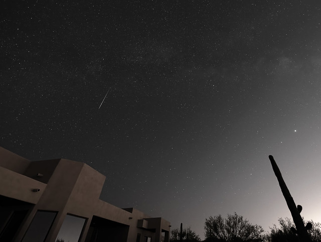 Short white streak in dark sky above building and cactus.