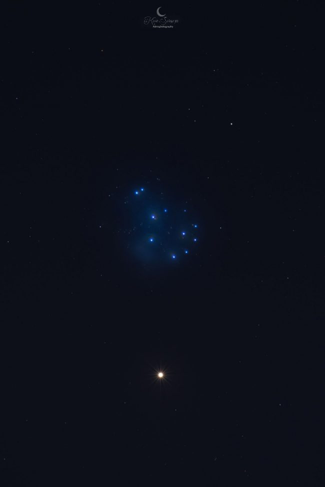 Cluster of bluish stars with bright Venus below.