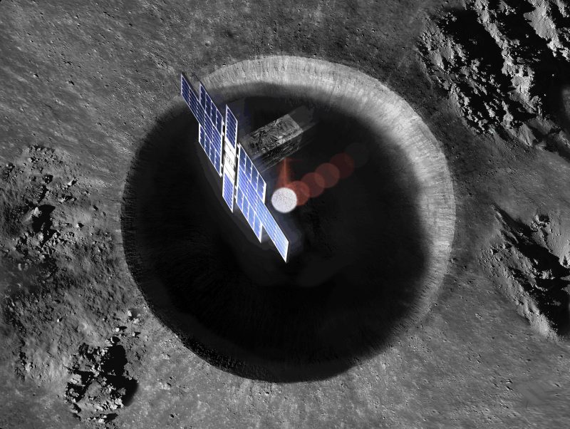 Spacecraft with large solar panels over deep crater on gray surface.