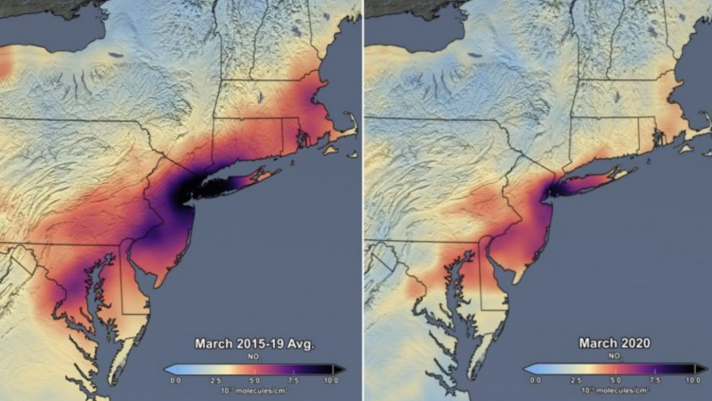 Maps of U.S. northeast coast with wide red areas on left map and narrow red area on right map.