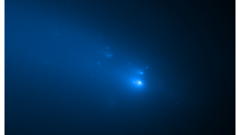 About 17 easily visible light specks on a dark blue background apparently hurtling through space with gaseous tails..