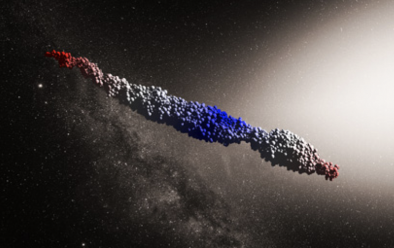 A computer-simulated image of a cigar-shaped body made of varying materials.