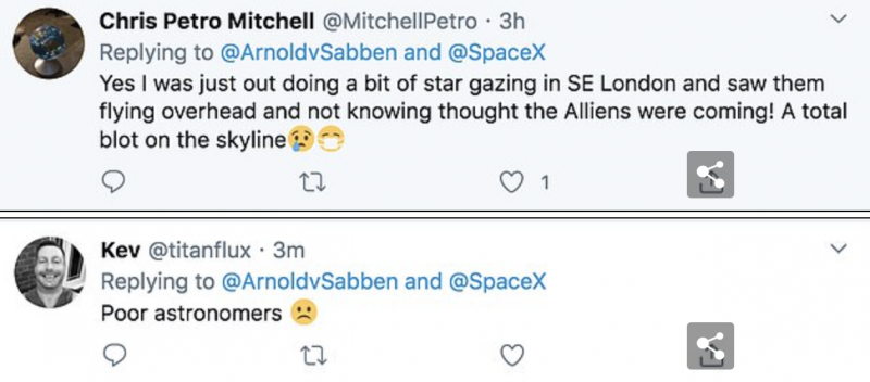 Tweets expressing anger about Starlink satellites.