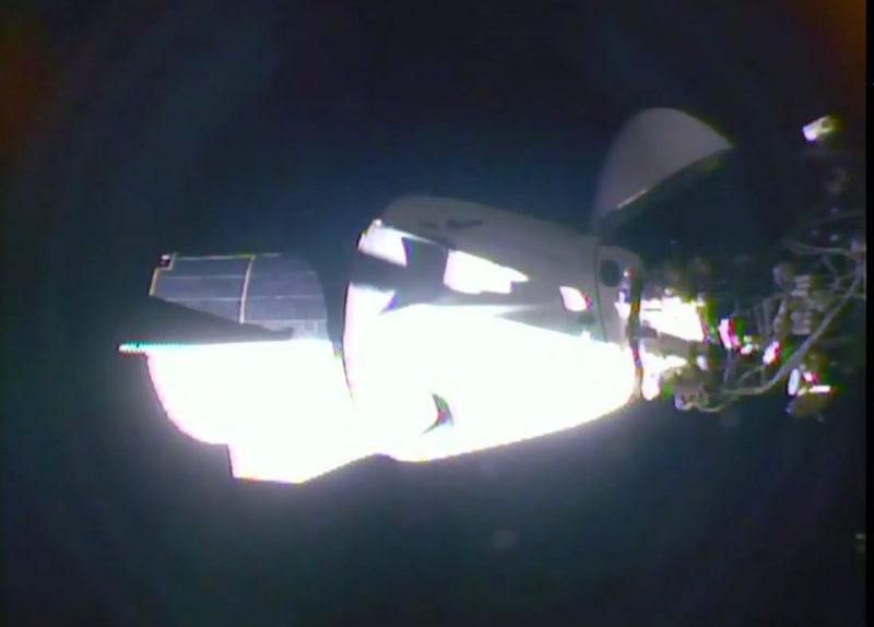 Launches: A still from video footage of Crew Dragon spacecraft docked with ISS.