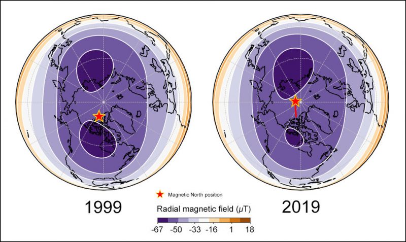 Schematics of the inside of Earth, viewed from earthly north, showing the changing shape of blobs of magnetic flux over time.