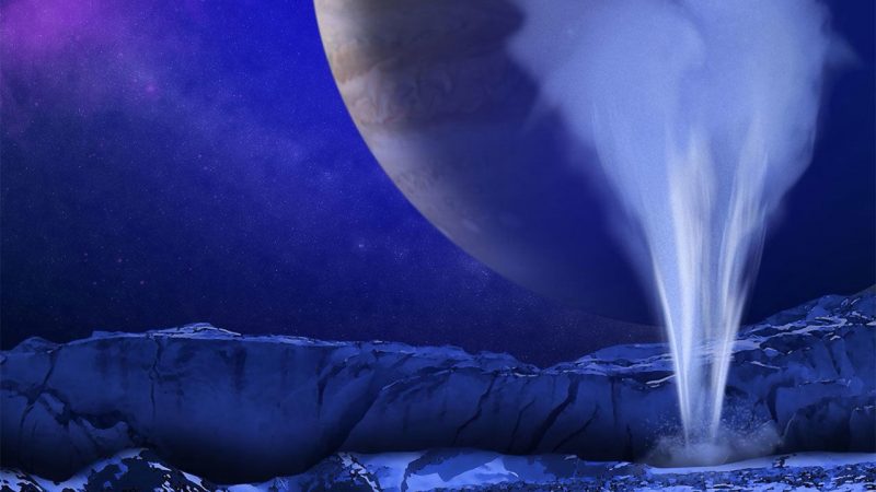 Bright plume with planet and stars in background.