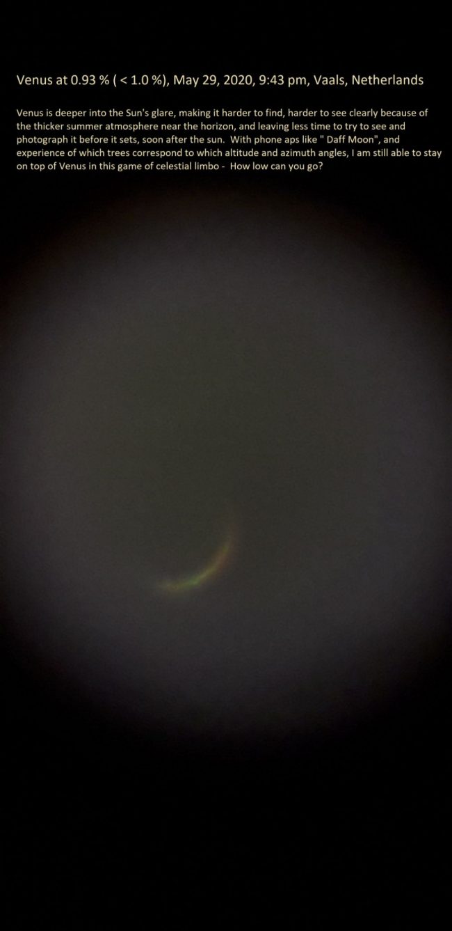 Very thin, barely visible crescent against black sky.