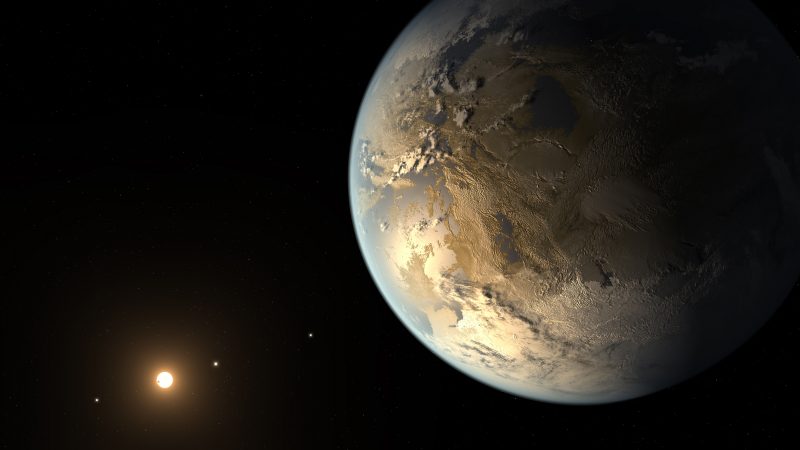 Mostly tan and brown Earth-like planet with distant sun and three dots lined up beside the sun.