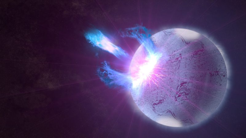 A purple ball with a bright area, from which something blue is emanating.