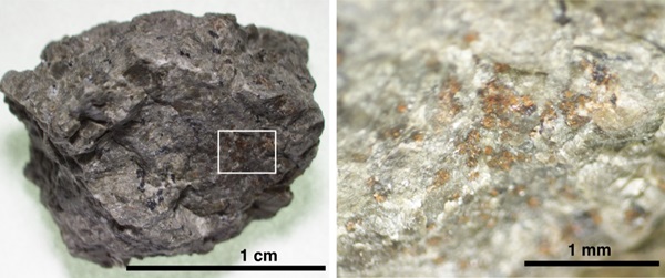 Two images: rough, chunky dark rock on left and lighter-colored rocky texture on right.