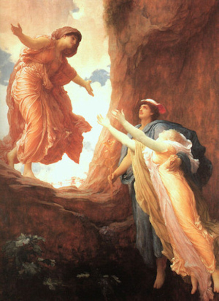 Woman in Greek garb greeting a young woman ascending from the dark underground.