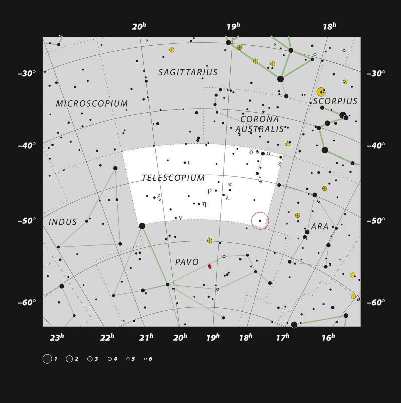 White chart with black dots showing Telescopium with black hole labeled.