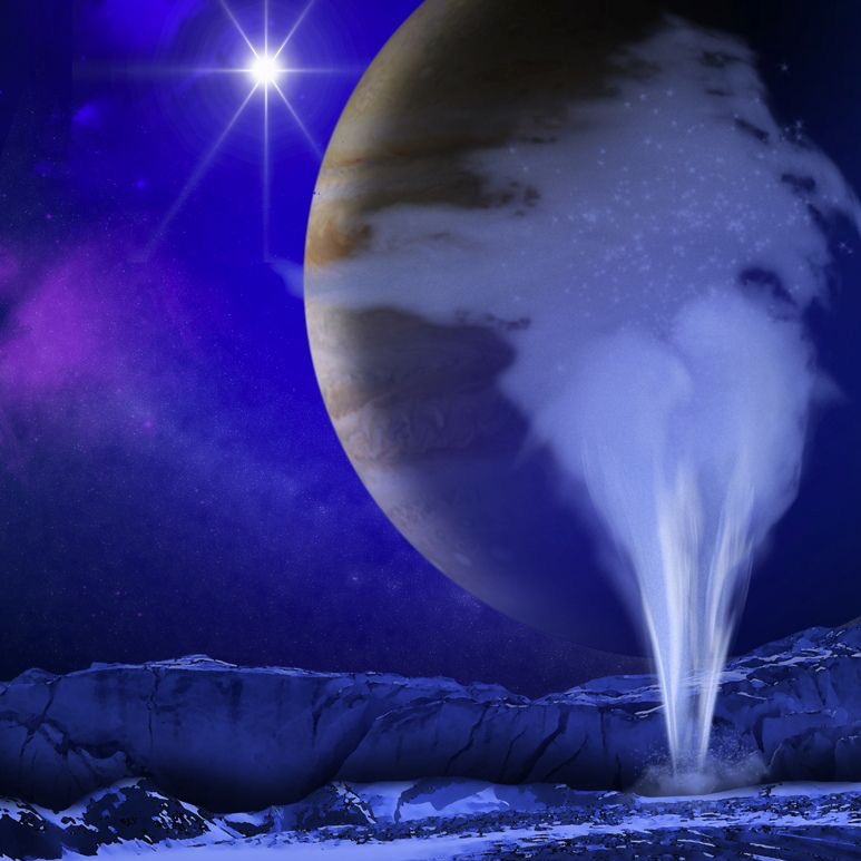 Bright geyser-like vertical spray of water with planet and stars in background.