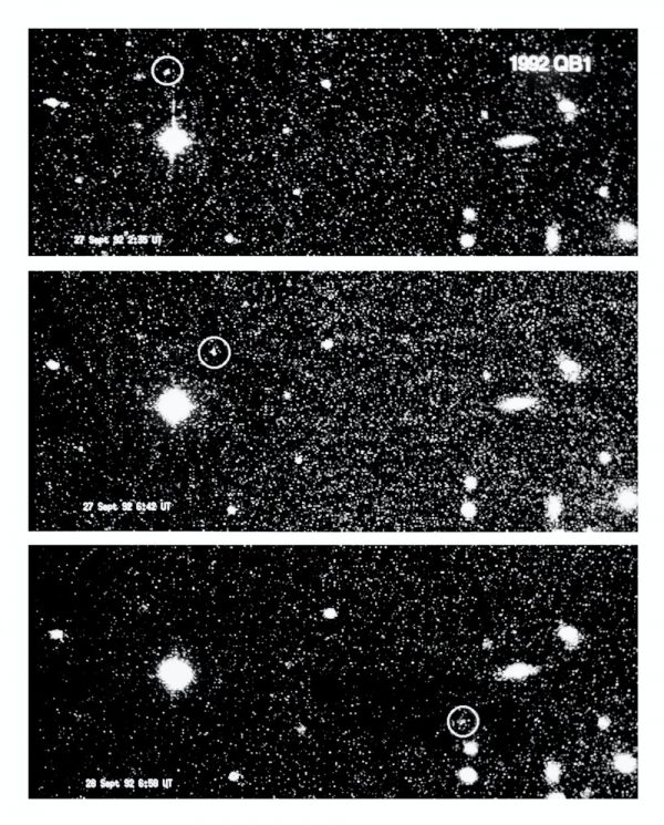 Three images of white spots on black background, with one spot - circled - showing at different locations in each image.