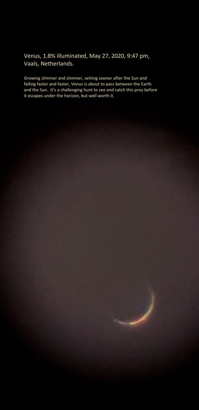 A very thin crescent Venus, slightly blotchy and multicolored.