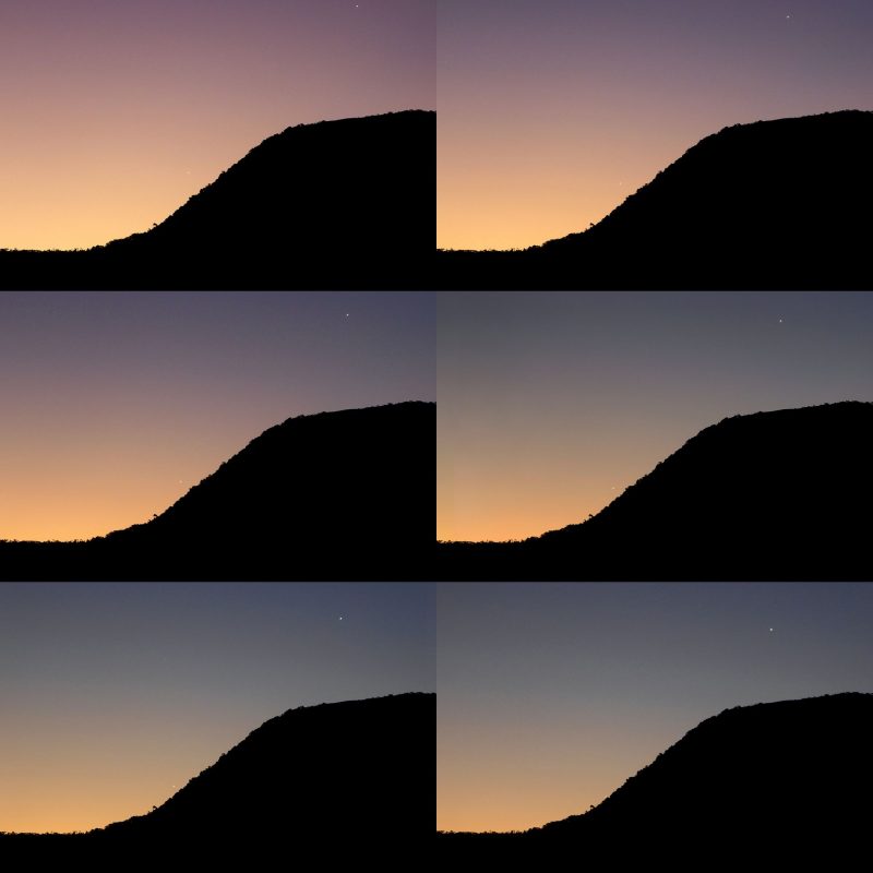 Four images of a black hillside against twilight sky with two dots of planets.