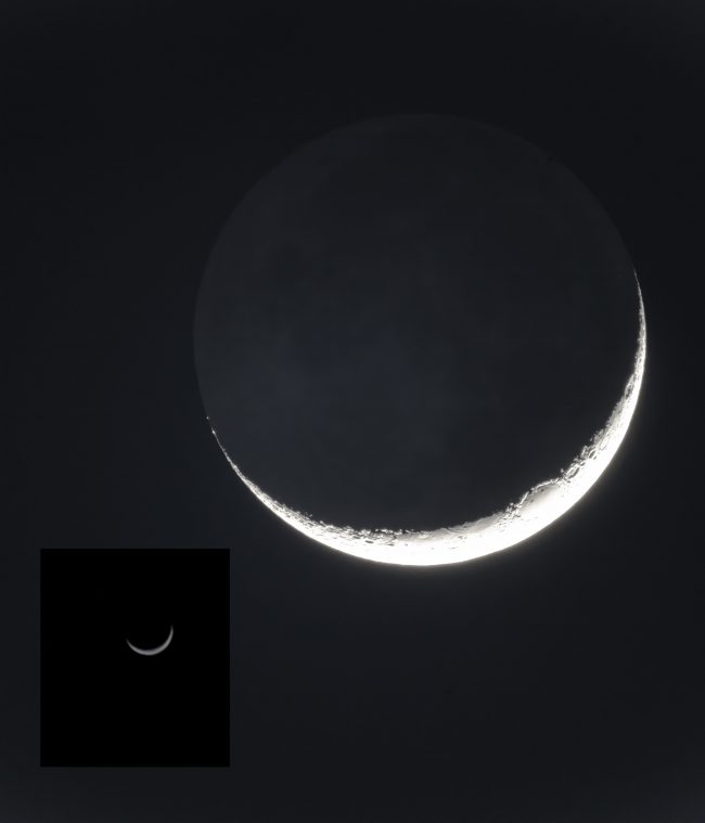 Large thin crescent with lunar features and small thin featureless crescent.