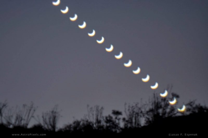 A series of crescent Venuses, extending from upper left to lower right (Venus setting over time).