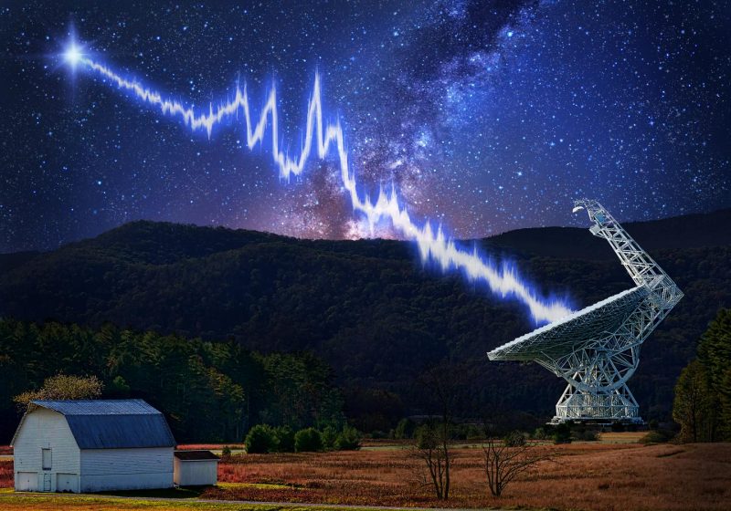 A dish type radio telescope, at night, with a jagged lightning-like line of signal from the stars reaching it.