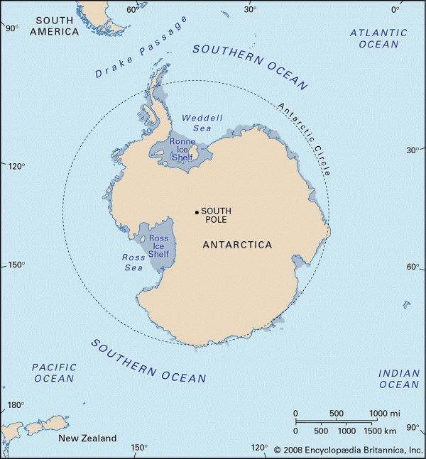 Map of Antarctica with surrounding ocean marked 'Southern Ocean.'