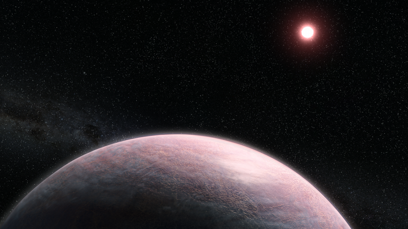 Cloudy pinkish planet with distant red sun and stars in background.