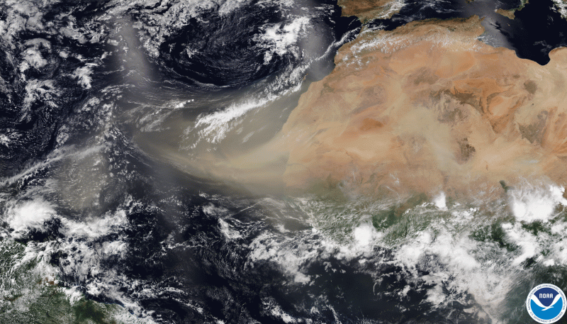 Still image of long swirl of dust from northern Africa's desert, heading into the Atlantic.
