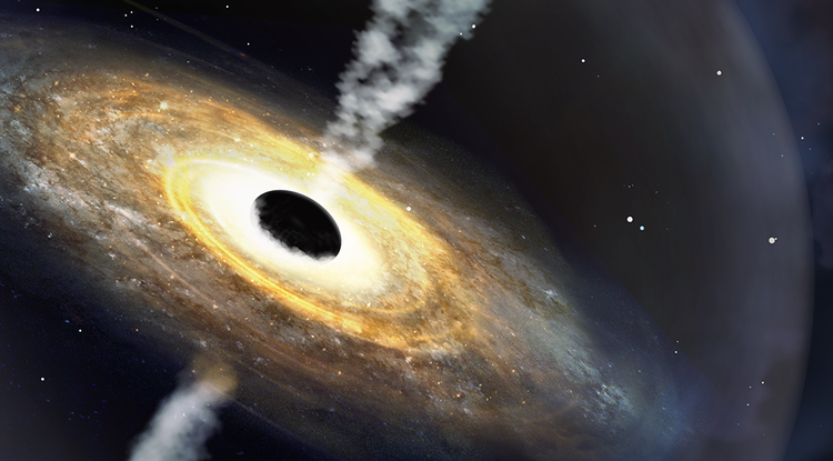 A swirling disk, with a large black ball in center, and jets radiating from both poles of the black ball.