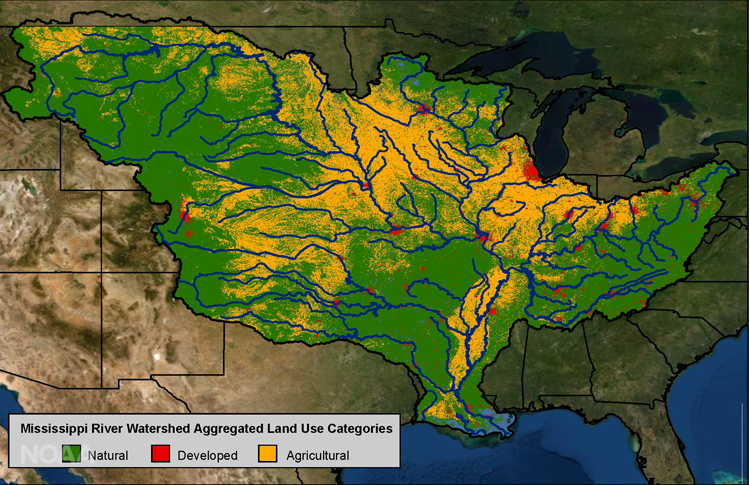 Zona muerta del Golfo de México: mapa de los Estados Unidos, grandes áreas verdes con manchas amarillas y rojas, y muchos ríos en azul.