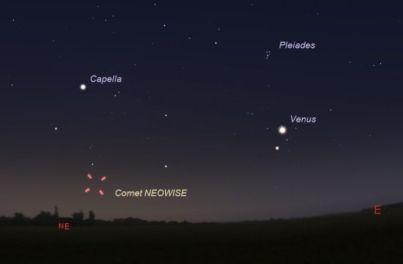 Dark sky with Venus and Capella labeled, and four tick marks around location of comet.