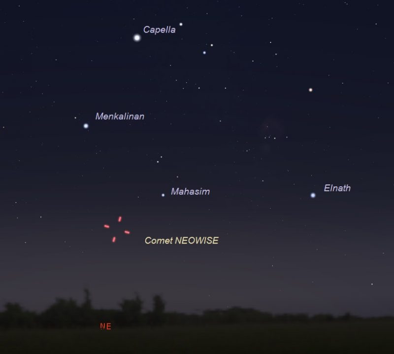 Wide-sky chart showing Comet NEOWISE on the morning of July 8, 2020.