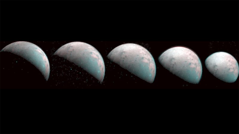 Five greyish spheres on black background, phases from crescent to gibbous.
