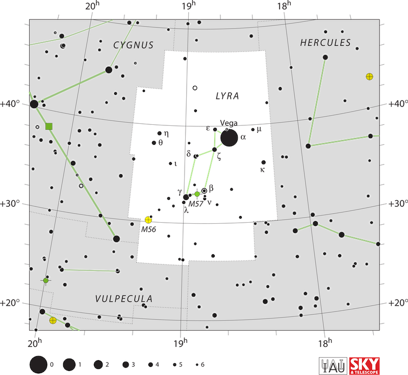 Star chart with stars in black on white of Lyra, Vega, and many other labeled objects.