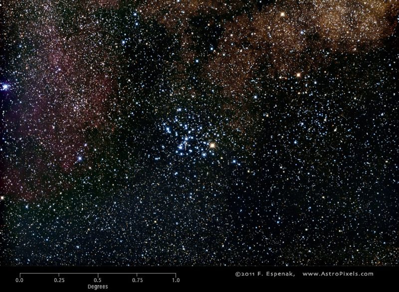 A photo showing a tight grouping of mostly blue-white stars against a backdrop of fainter stars.