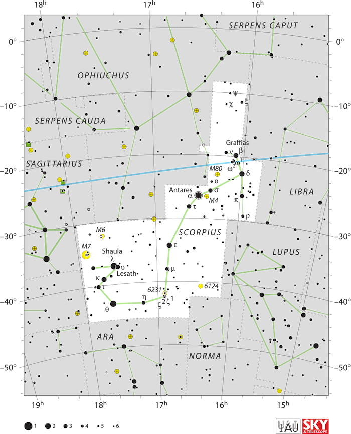 Shaula and Lesath: A map of the stars in Scorpius, with stars in black on white.