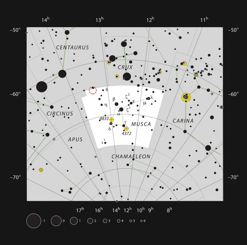 Gray square filled with many black or yellow dots, lines and text annotations on black background.