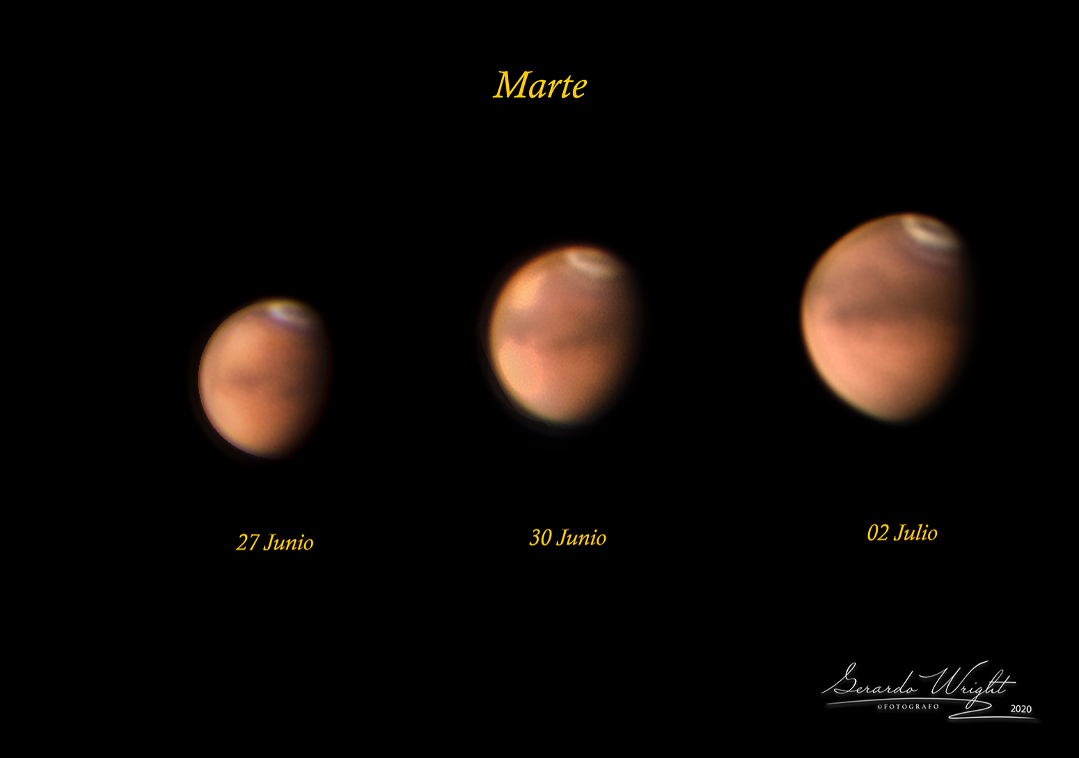 Three telescopic views of the red planet Mars, showing a mottled red surface and a north polar cap.