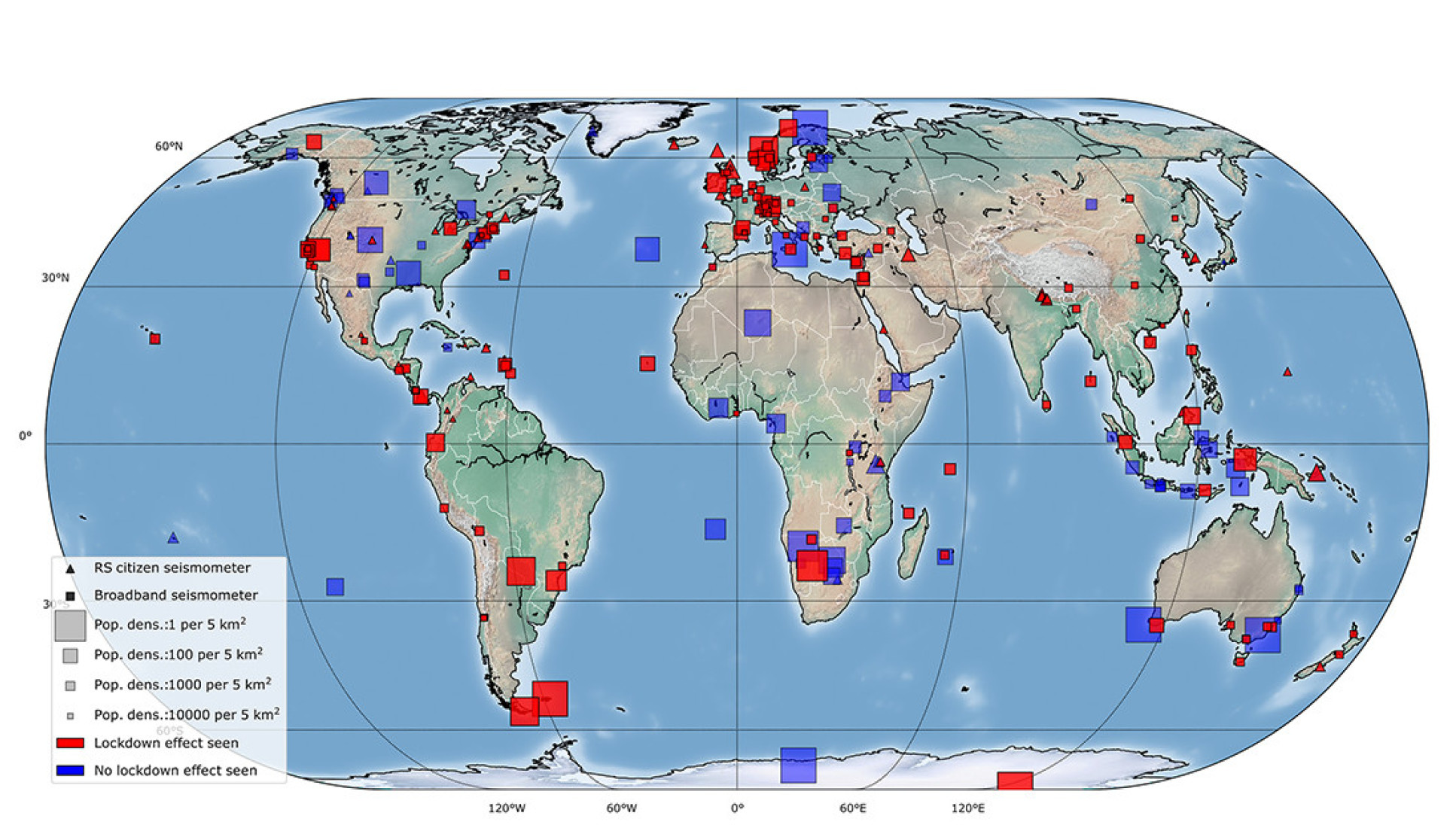 Map of world with with small red and blue squares scattered across it.