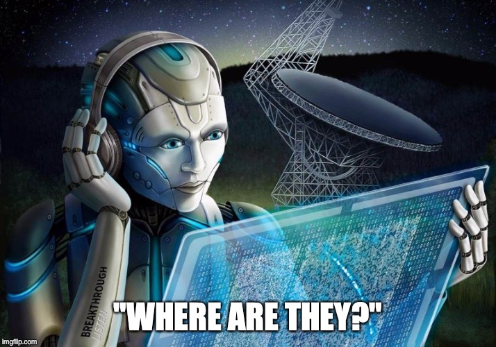 Not aliens: Robotic humanoid holding a transparent tablet with radio telescope in background.