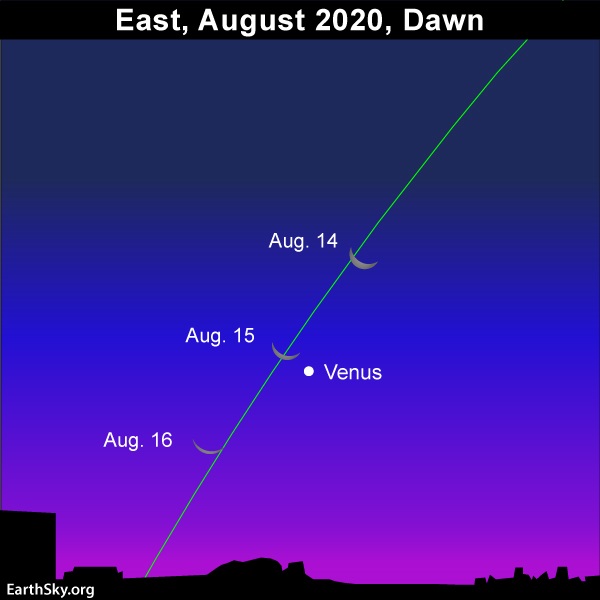 Sky chart: 3 positions of thin waning crescent moon near planet Venus along steep line of ecliptic.