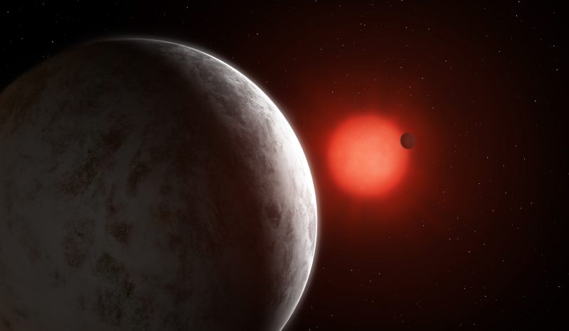 Two planets, one close up and one distant, orbiting a red star in space.
