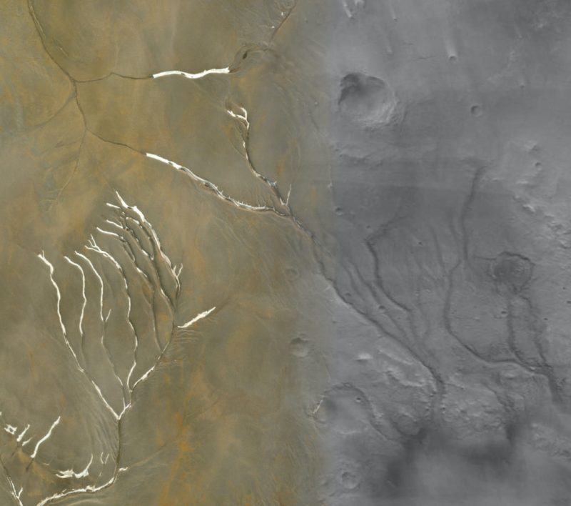 Meandering channel shapes on brown and grey terrain, with white highlights.