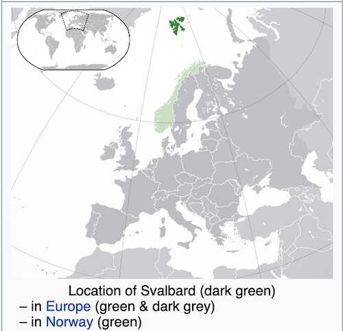 Map of Europe with Norway in light green and small group of dark green islands far north of northern end of Norway.